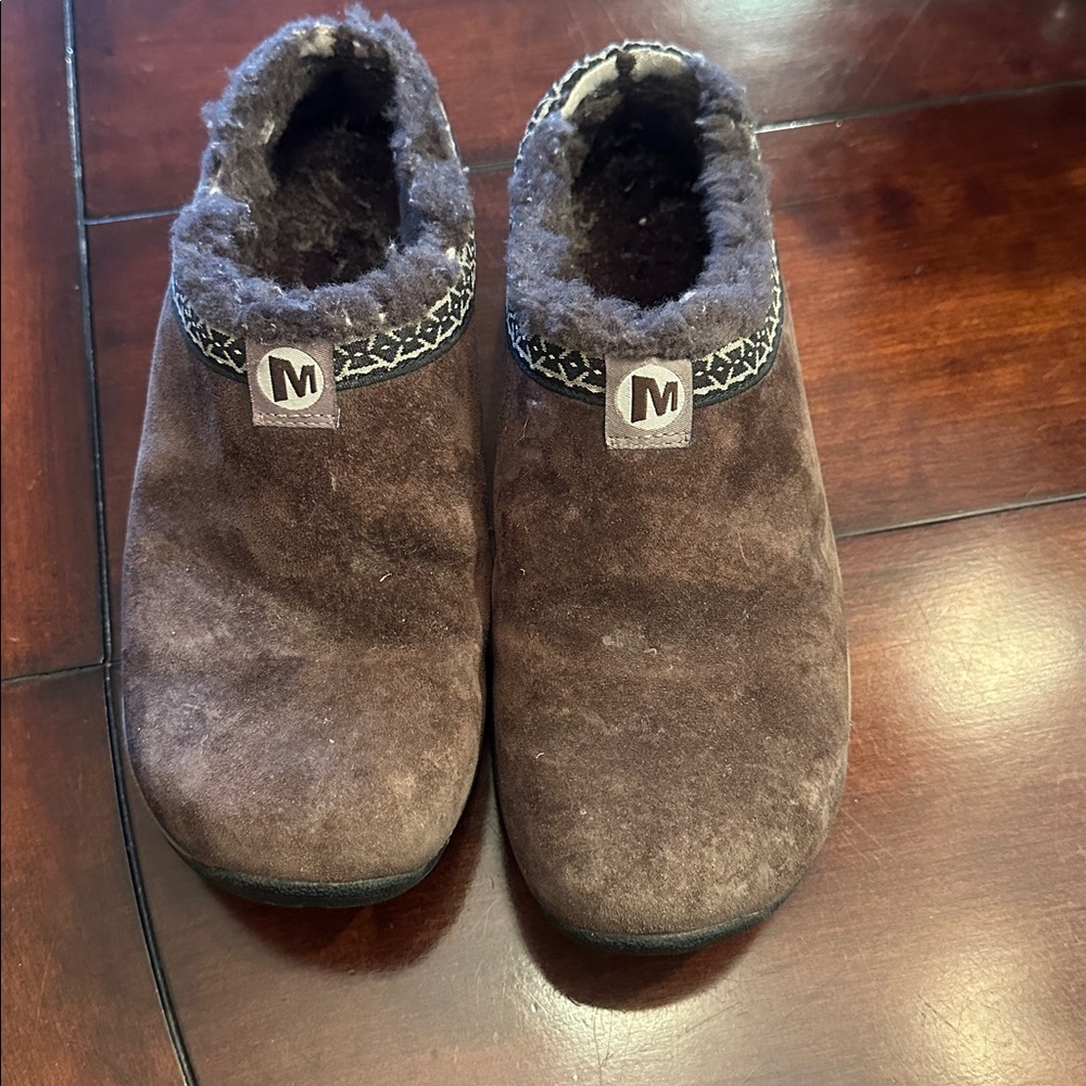 Merrell Womens Brown Suede Slip-On Mules Fur Lined